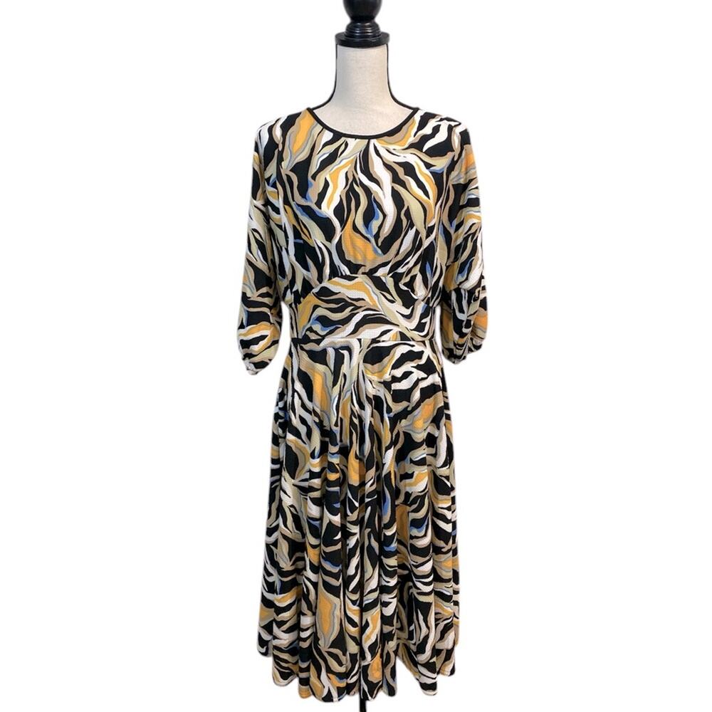 NWT Ashley Stewart Textured Print Midi Dress Size 12 Full Skirt Black Yellow